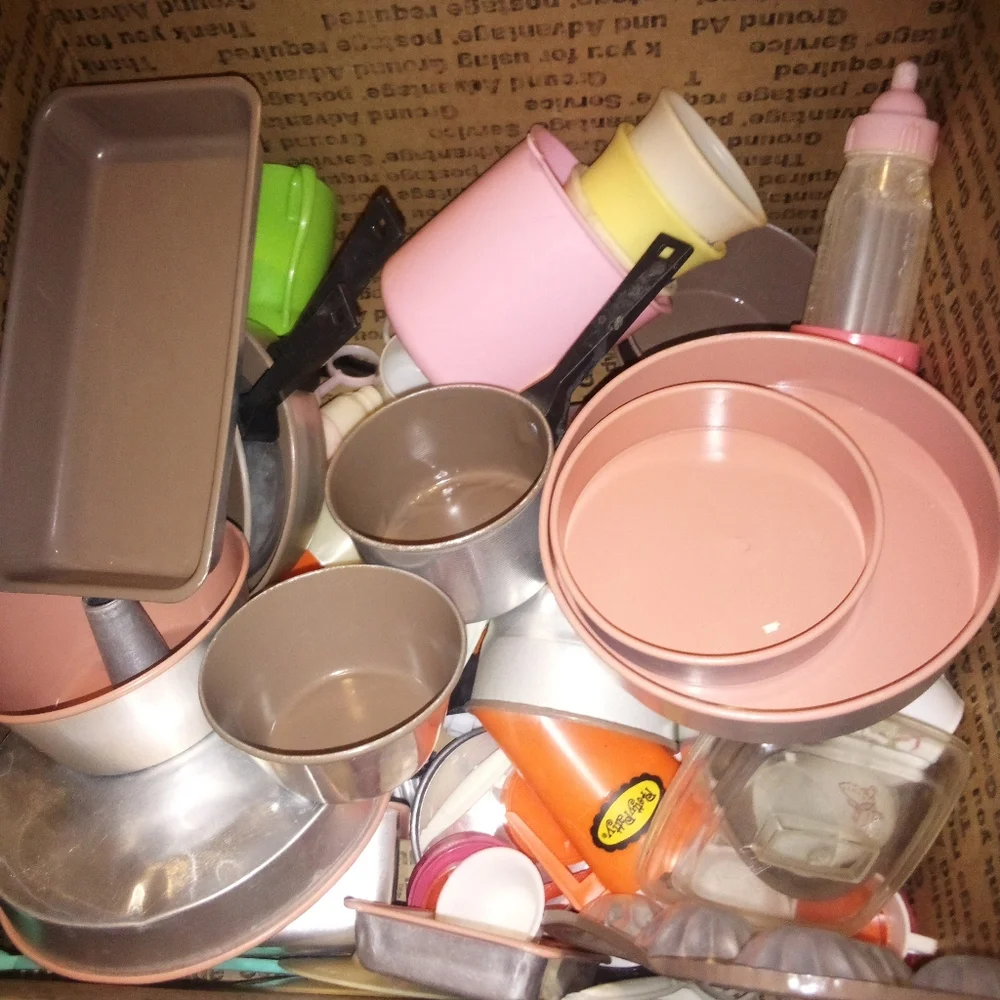 Box Lot Of Vintage Toy Dishes Pots Pans Dollhouse Playset